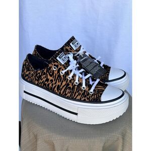 Converse All Star Lift Double Stack Low Top Leopard Print Platform Sneakers